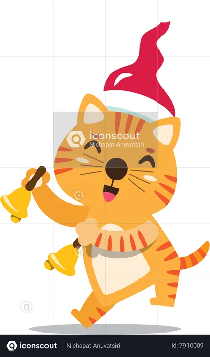Kitten with Santa hat ringing bells  Illustration