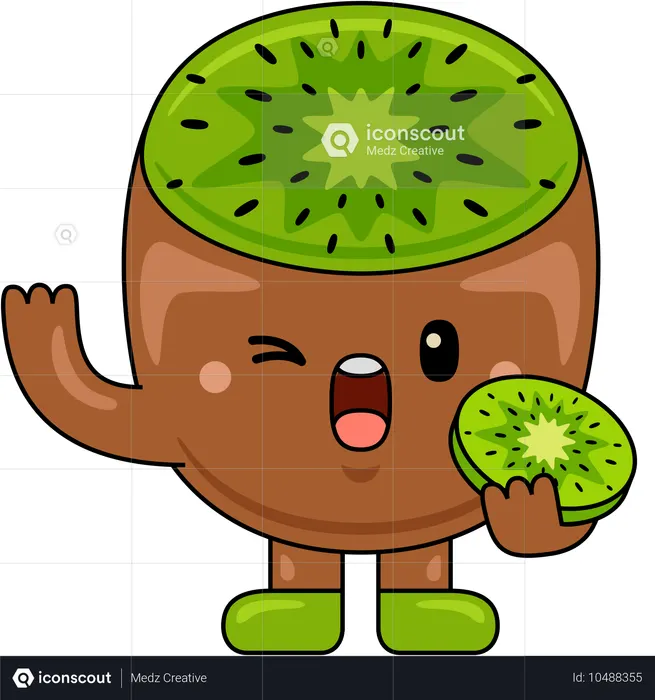 Mascote Kiwi segurando uma fatia de Kiwi  Ilustração