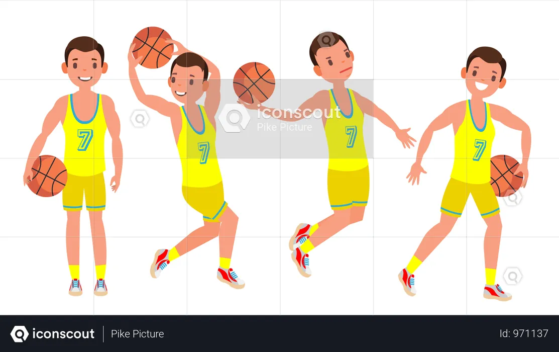 Klassische, Basketballspieler, Mann, Vector., Sport, Concept., Verschieden, Poses., Sport, Spiel, Competition., Flache, Karikatur, Abbildung  Illustration