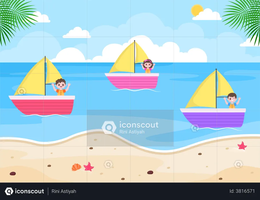 Kleine Kinder segeln im Boot  Illustration