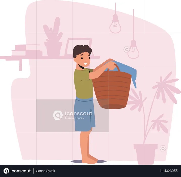 Kleiner Junge hält Korb mit Wäsche bereit zum Waschen in der Wäscherei  Illustration