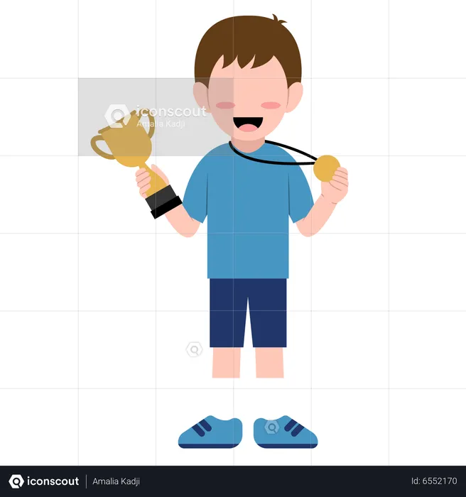 Kleiner Junge hält Trophäe und Medaille  Illustration