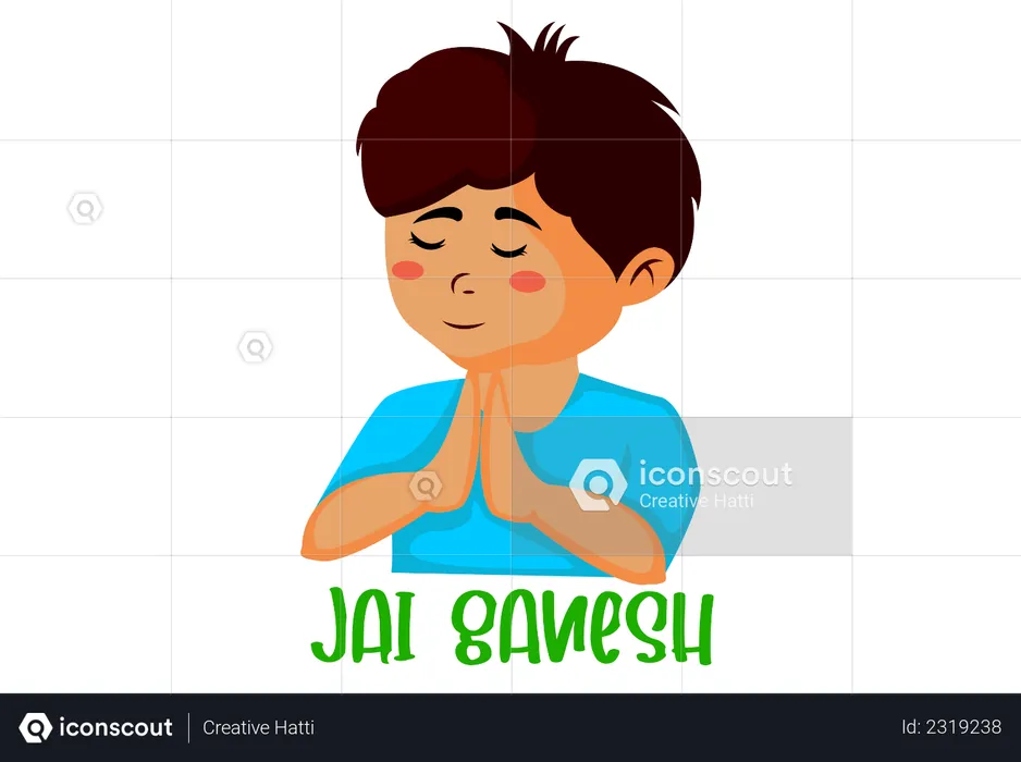 Kleiner Junge mit gefalteten Händen verehrt Gott Ganesha  Illustration