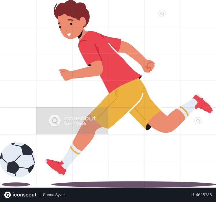 Kleiner Junge läuft mit Fußball im Stadion  Illustration