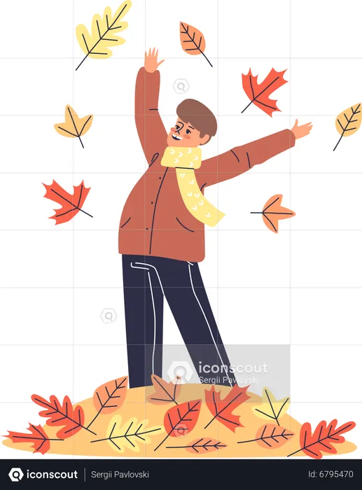 Kleiner Junge spielt mit gelben Herbstblättern  Illustration