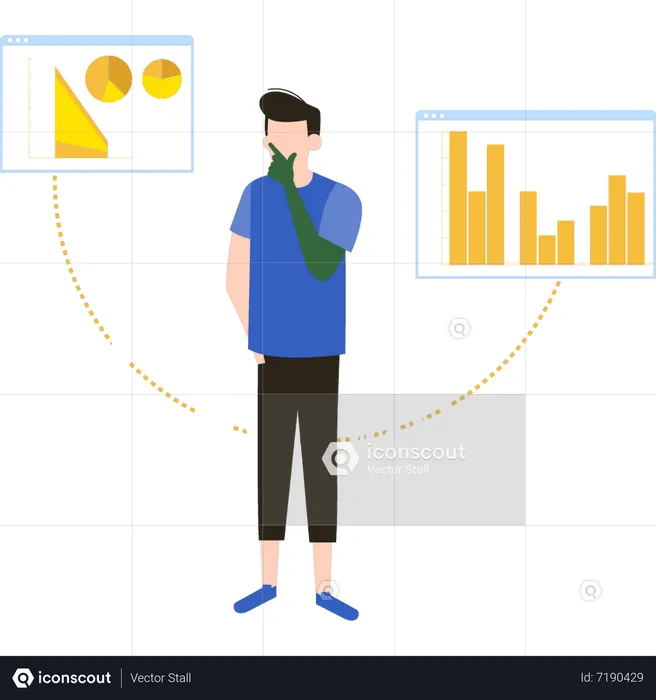 Der kleine Junge steht und denkt über ein Geschäftsdiagramm nach  Illustration