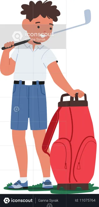 Kleiner Junge voller Enthusiasmus hält Golfschläger in einer Hand  Illustration