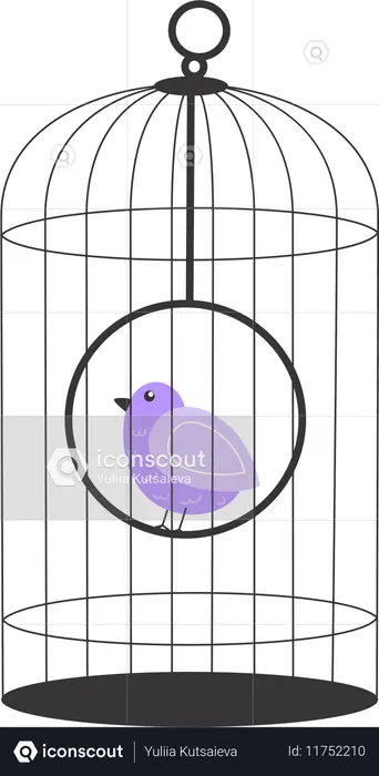 Kleiner lila Singvogel in einem modernen Drahtvogelkäfig  Illustration