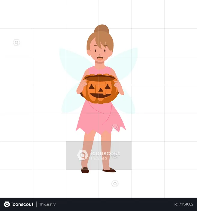 Kleines Mädchen im Halloween-Feenkostüm mit Kürbiseimer  Illustration