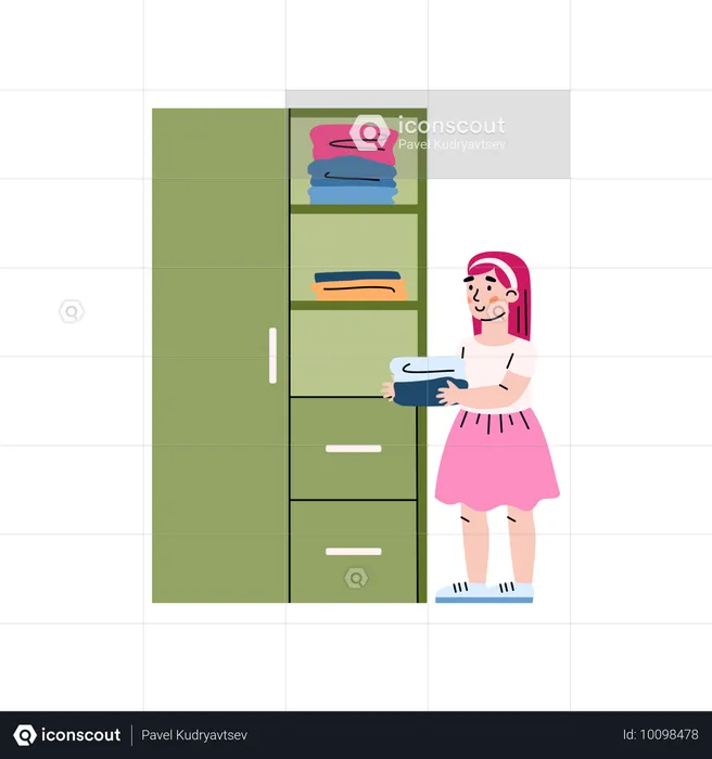 Kleines Mädchen legt Kleidung in den Kleiderschrank  Illustration