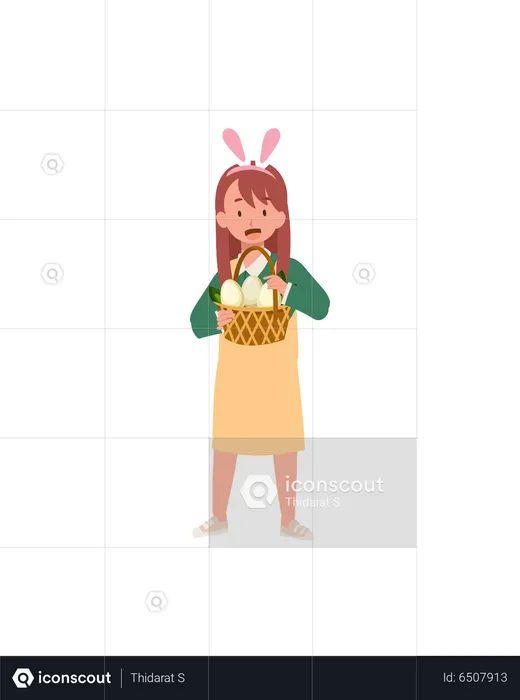 Kleines Mädchen mit Hasenohren zeigt voll Korb von der Suche nach einem Osterei  Illustration