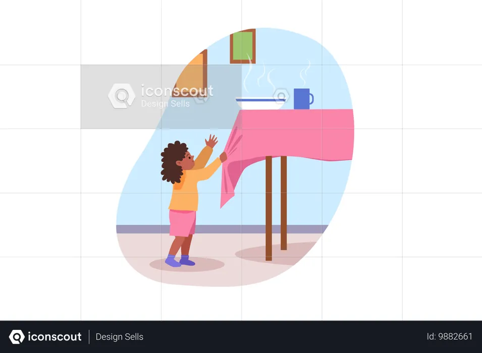Kleines Mädchen zieht Tischdecke welche heiße Schüssel  Illustration