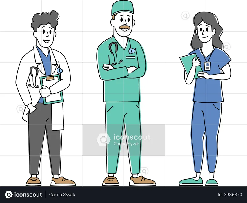 Mitarbeiter einer Klinik oder eines Krankenhauses bei der Arbeit  Illustration