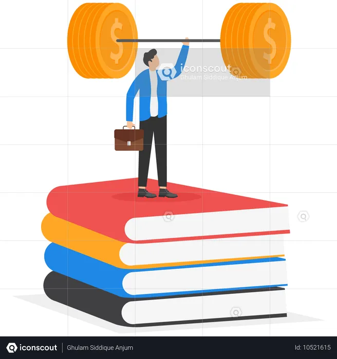 Knowledge is power man is standing with a book and a barbell in his hands  Illustration