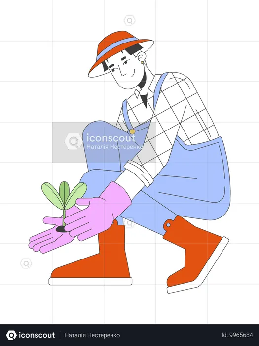 韓国の男性が苗を植える  イラスト