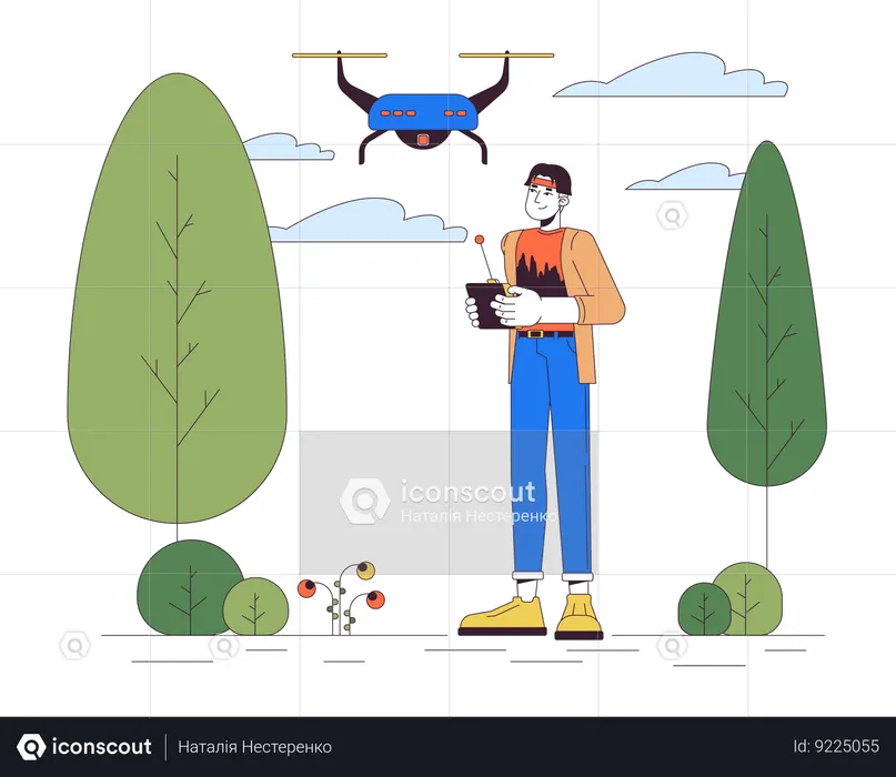 Korean man with drone in park  Illustration