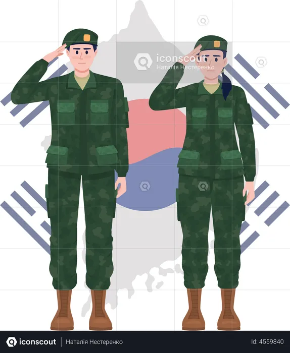 Korean soldiers saluting Flag Illustration