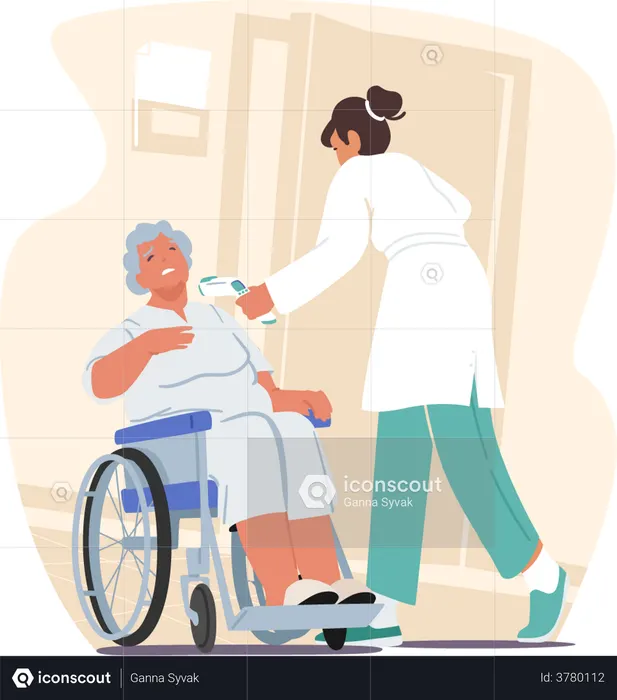 Krankenschwester oder Arzt misst die Temperatur einer älteren Frau, die während des Coronavirus im Rollstuhl sitzt, mit einem entfernten Thermometer  Illustration