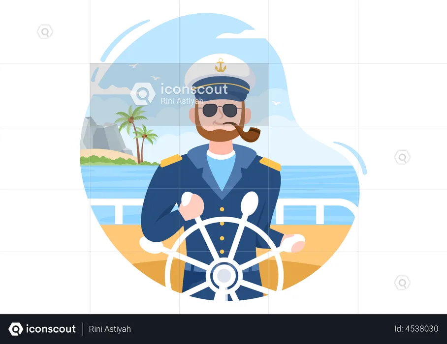Kapitän eines Kreuzfahrtschiffs hält das Steuer  Illustration