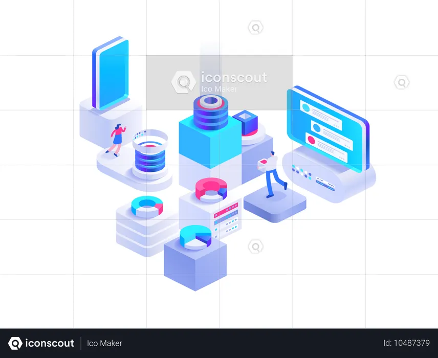 Isometrisches Konzept für den Austausch von Kryptowährungen. Leute, die an Kryptogeschäften, Bitcoin-Mining, Datenanalyse arbeiten. Marketing, Entwicklung, Finanztools. Vektorzeichenillustration im Isometriedesign  Illustration