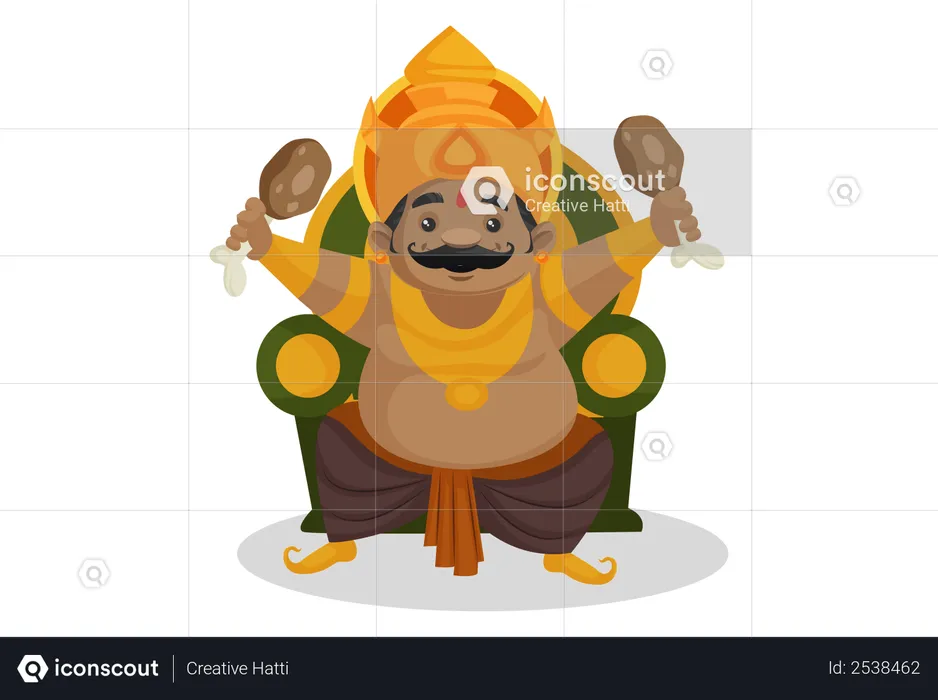 Kumbhkaran holding chicken leg piece while sitting on throne  Illustration