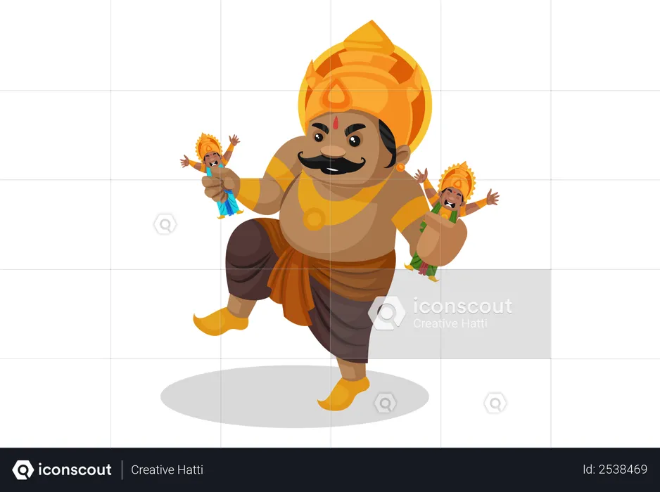 Kumbhkaran holding men in both hands  Illustration