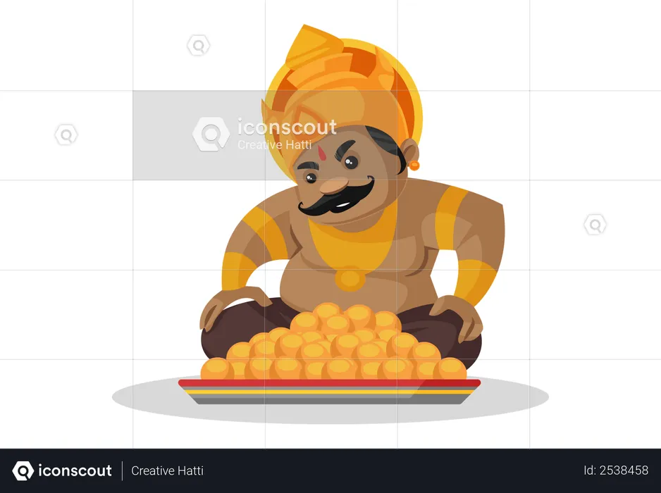 Kumbhkaran sitting with plate of laddoos  Illustration