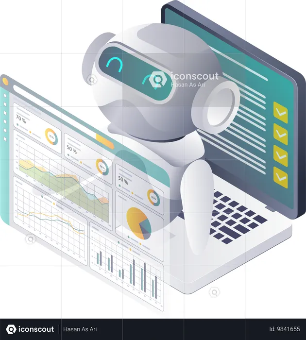 Künstliche Intelligenz-Roboter unterstützen bei der Datenanalyse  Illustration