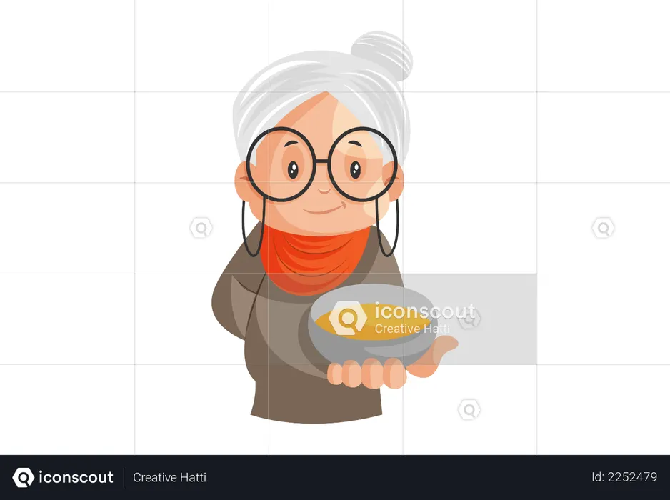 La abuela Imdian sostiene un cuenco de mantequilla en la mano.  Ilustración