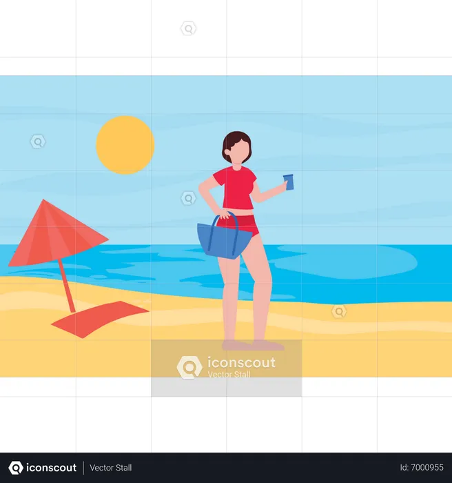 La chica está en la playa de vacaciones.  Ilustración