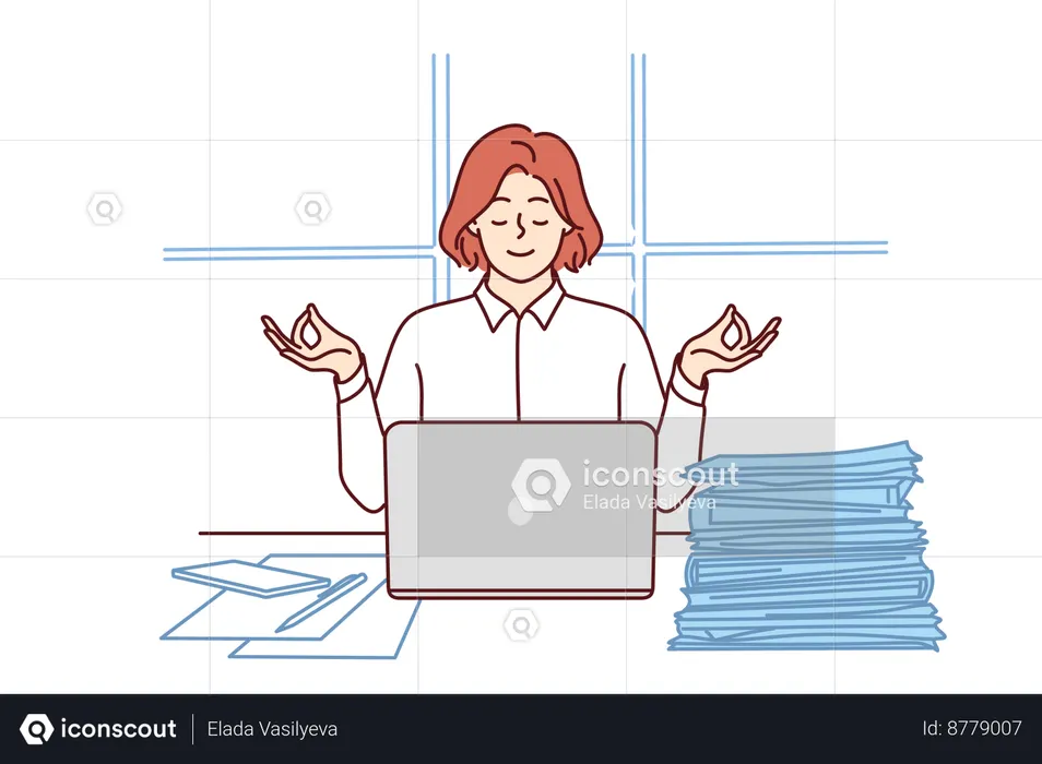 La empresaria está meditando en el escritorio de la oficina  Ilustración