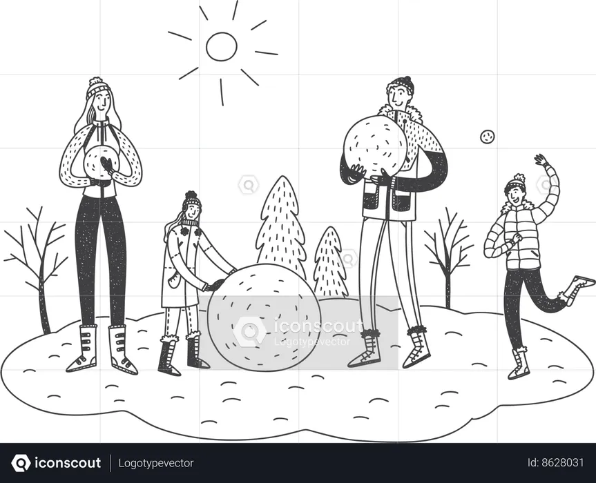 La famille joue à la neige  Illustration