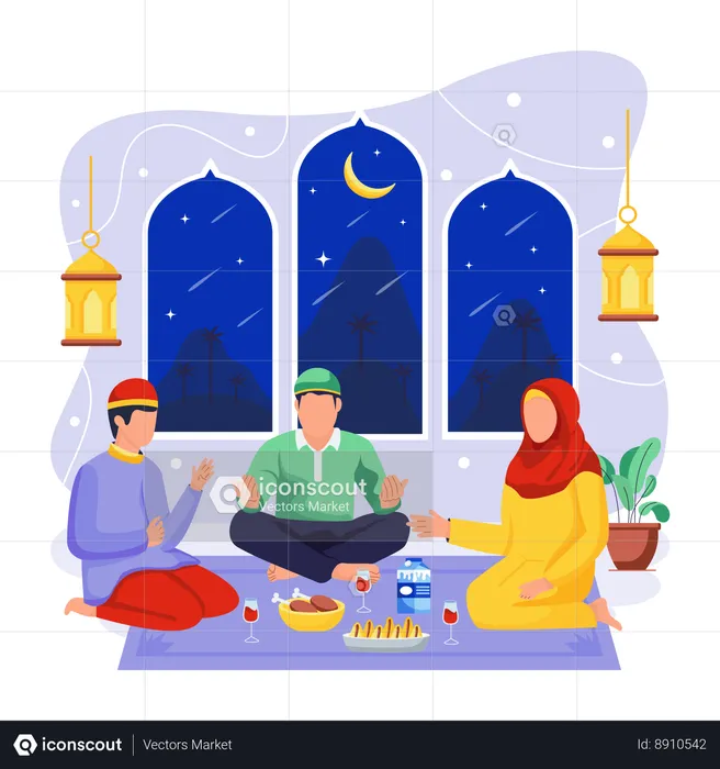 La famille mange de la nourriture au moment de l'Iftar  Illustration