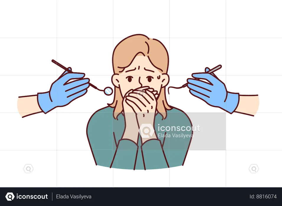 La femme a peur dans la clinique du dentiste  Illustration