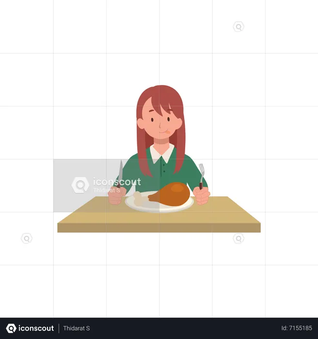 La fille est prête à manger du poulet frit  Illustration