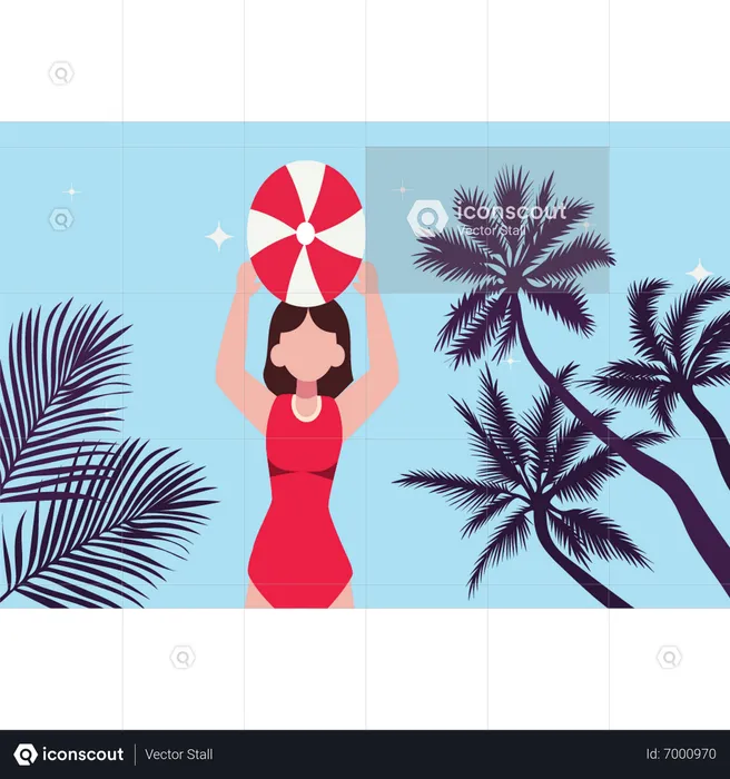 La fille joue avec un ballon de plage  Illustration