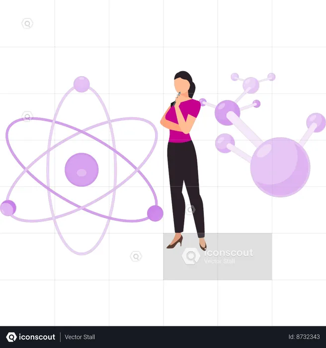 Une fille pense aux molécules atomiques  Illustration