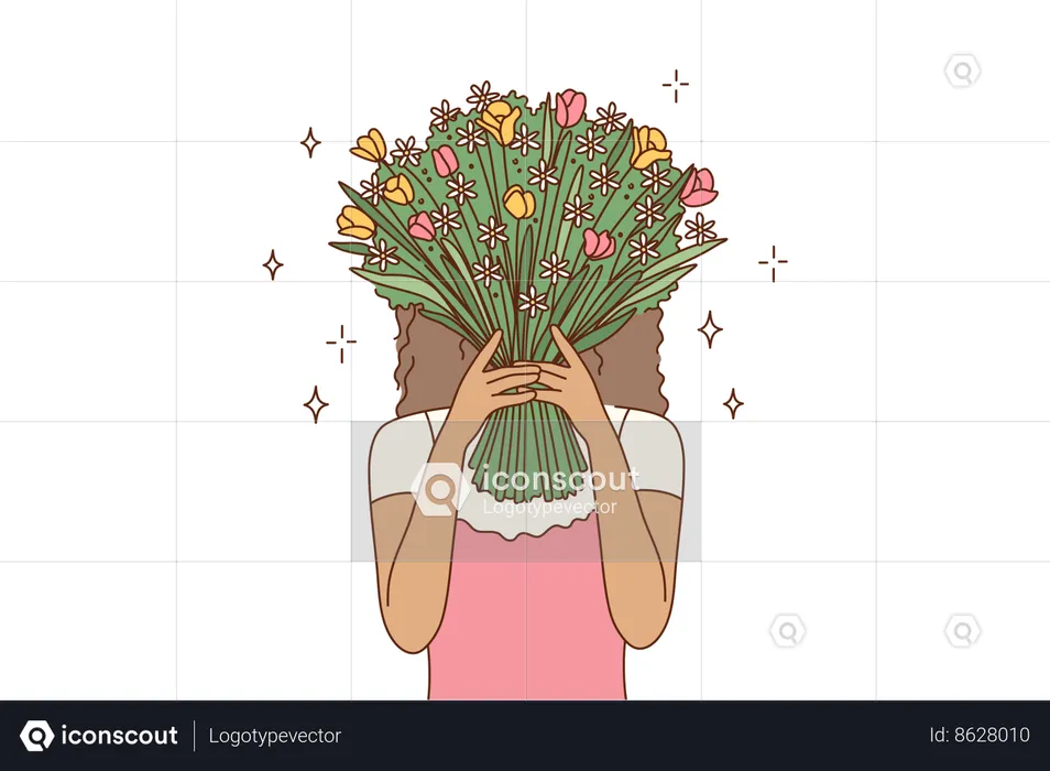 La fille se cache derrière le bouquet de roses  Illustration