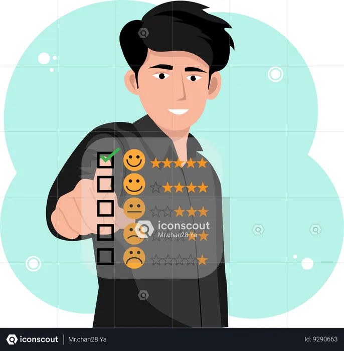 Los empresarios están tocando la pantalla virtual en el ícono de la cara sonriente feliz para brindar satisfacción en el servicio  Ilustración