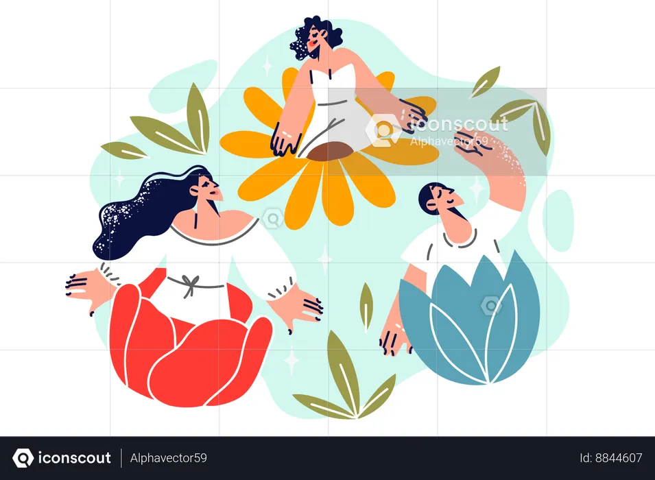 La gente siente felicidad y armonía al sentarse en capullos de flores.  Ilustración