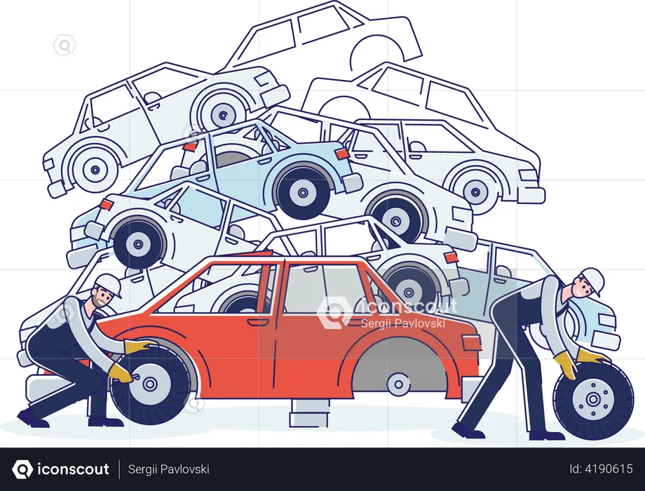 La gente trabaja en el depósito de chatarra clasificando automóviles usados viejos y montones de automóviles dañados  Ilustración