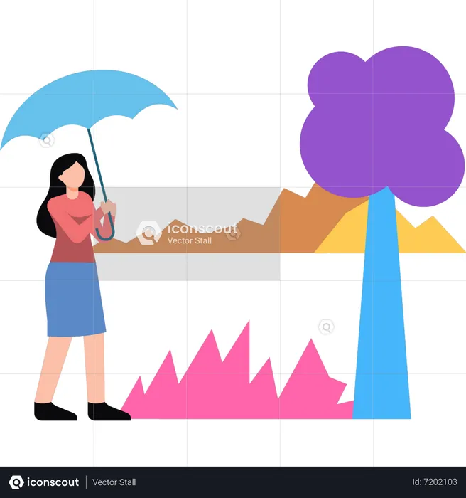 La niña camina con un paraguas.  Ilustración
