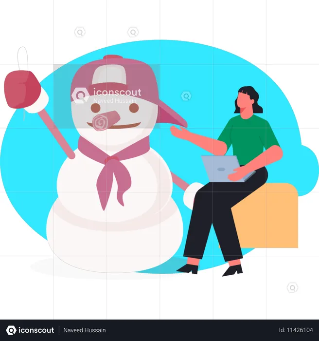 La niña está hablando sobre el muñeco de nieve navideño.  Ilustración