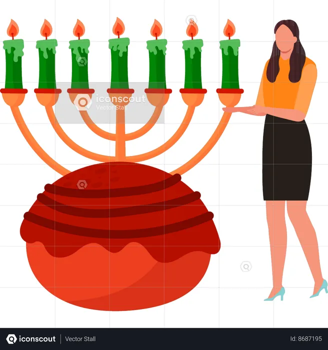 La niña muestra las velas de hanukkah.  Ilustración