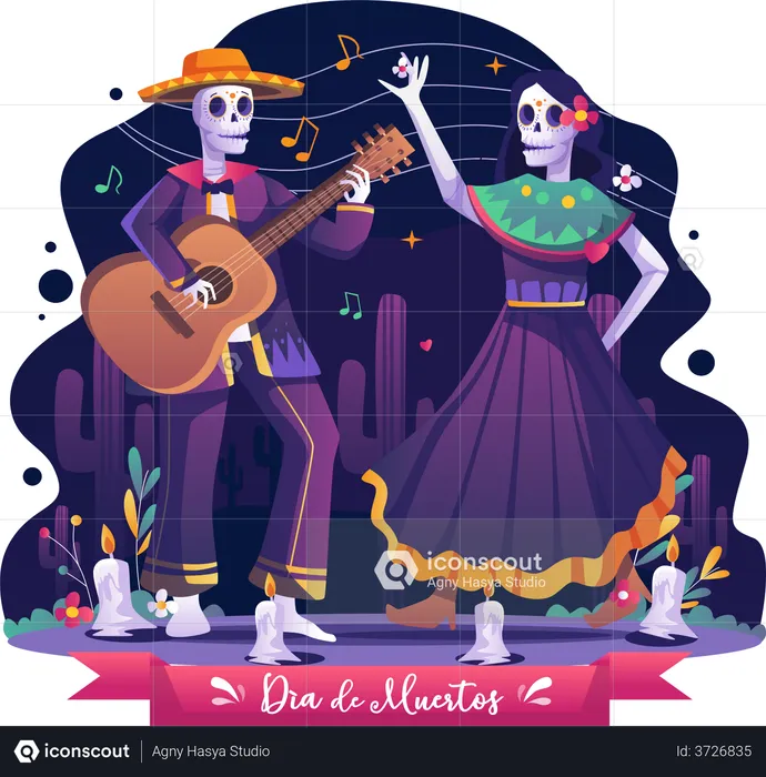 La pareja celebrando la fiesta mexicana de Halloween  Ilustración