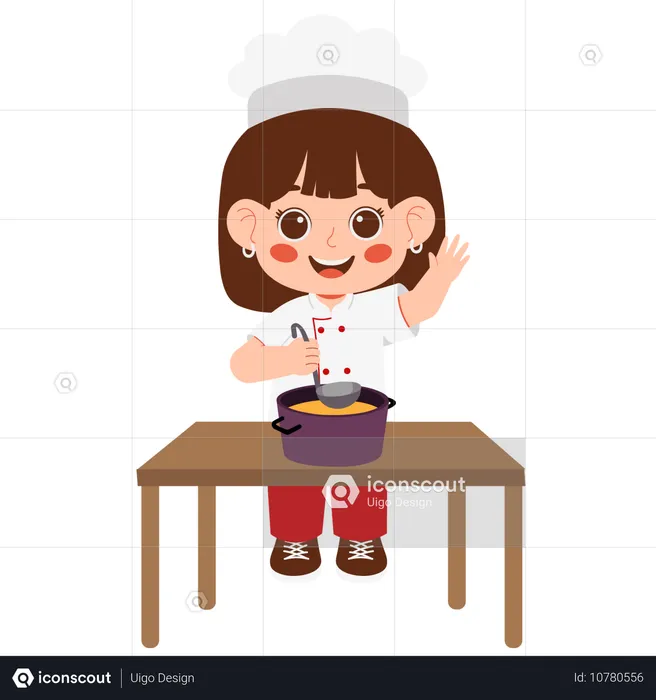 La pequeña chef revuelve la sopa  Ilustración