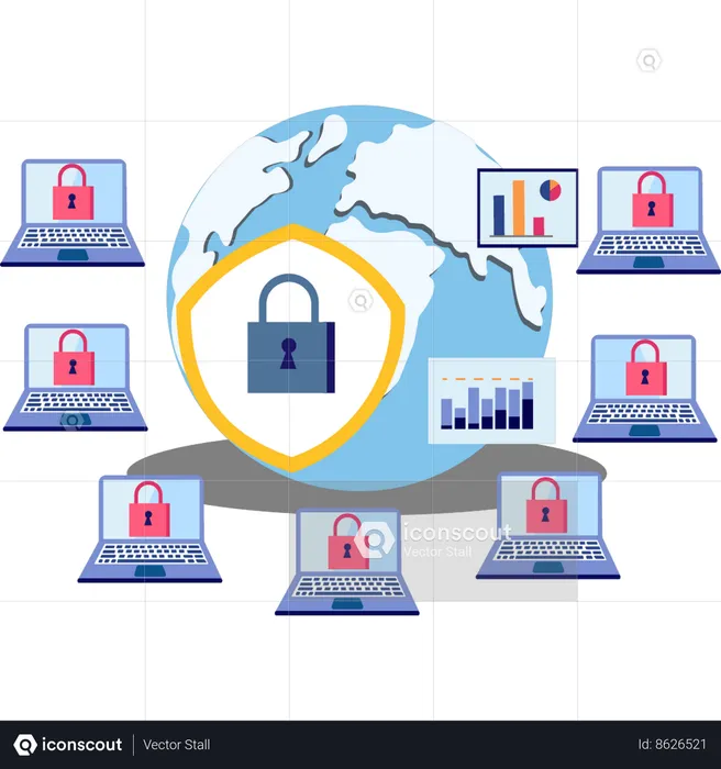 La seguridad global se muestra en la computadora portátil de la cuenta de usuario  Ilustración