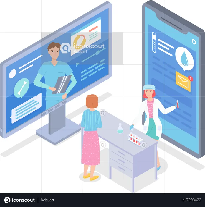 Lab assistant show results of analysis, medical app, income message  Illustration