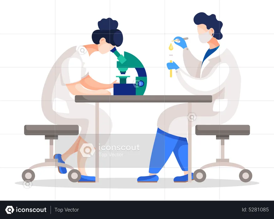 Lab scientists working on cell substance analysis  Illustration