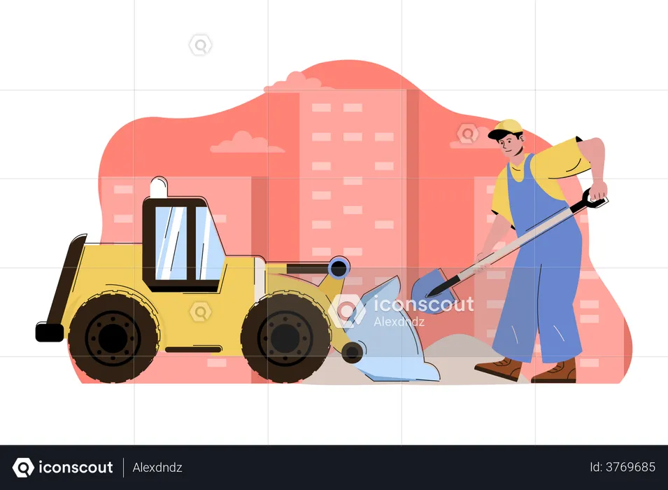 Labor loading sand on bulldozer  Illustration